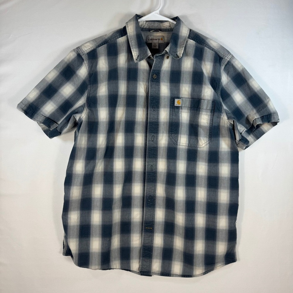 Carhartt Mens Blue White Plaid Short Sleeve Button Down Shirt Large 103550 973